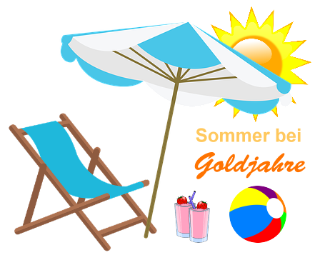 Sommerbild mit Sonne, Liegestuhl und Sonnenschirm
